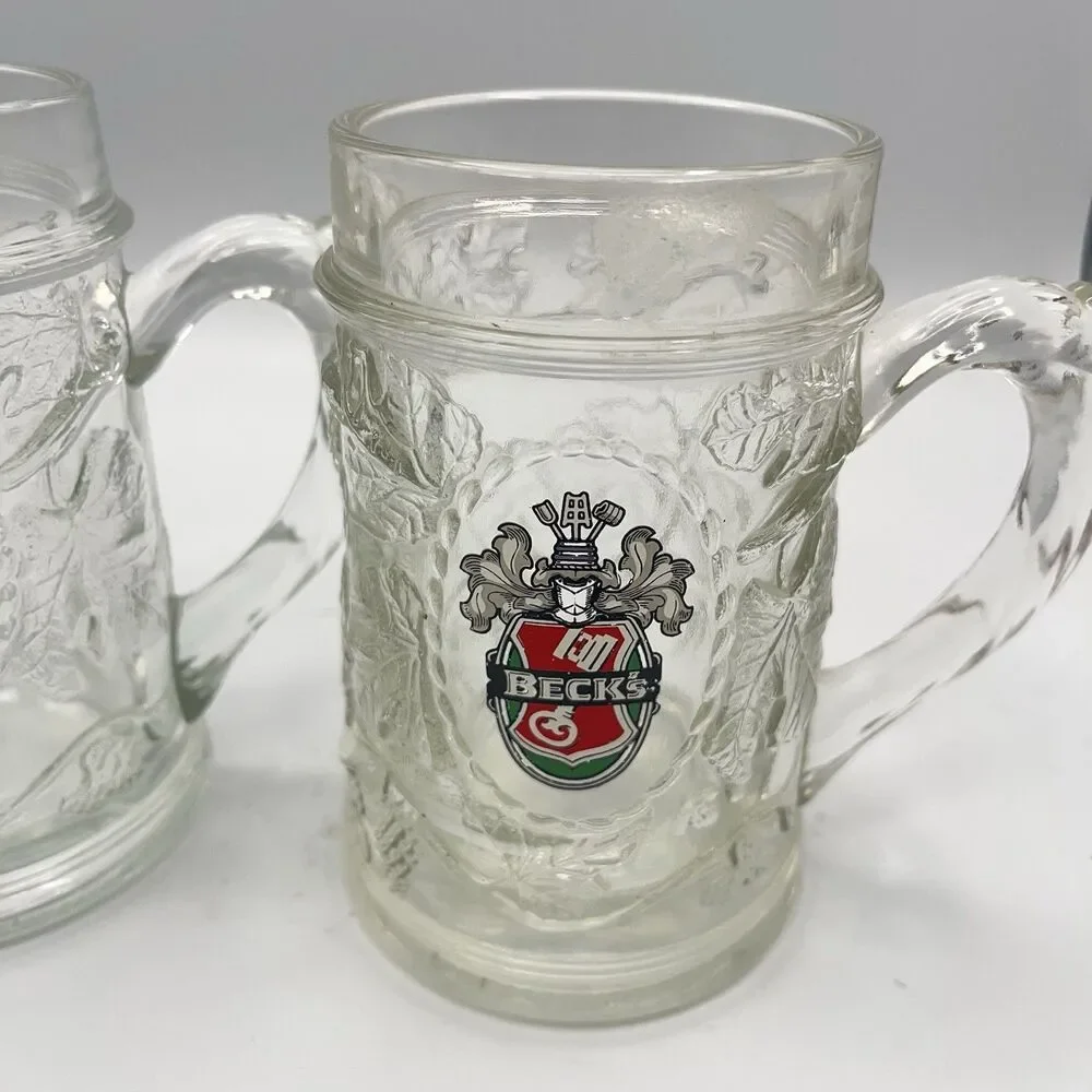 Becks Beer Heavy Thick Glass Mug Stein Grape Leaf Design Germany Set Of 2